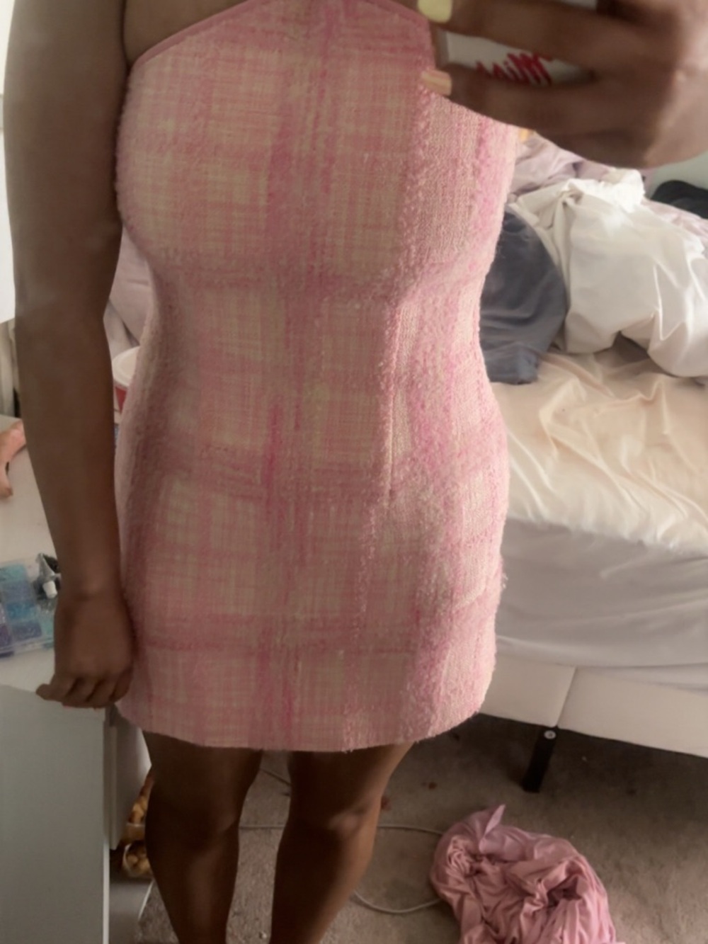 Loveshack Fancy Strapless Pink Tweed Mini Dress